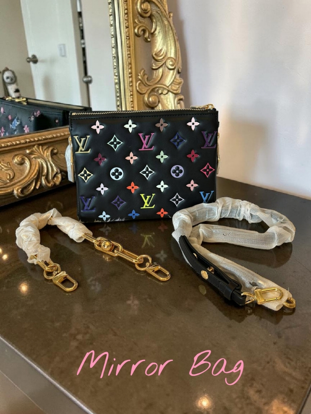 Mirror With Box Black Leather Crossbody with Multicolor Monogram Accents